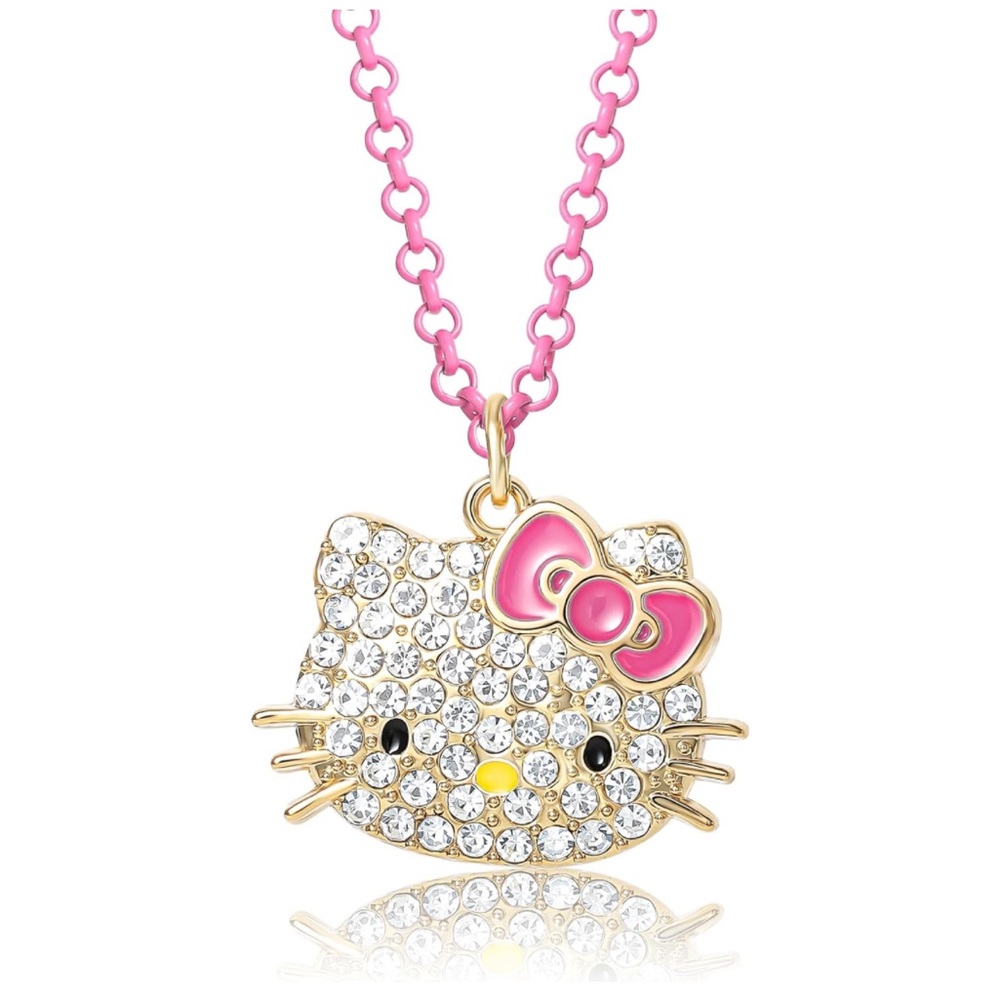 NEW HELLO KITTY Sanrio Sparkly Pave Crystal Pendant Necklace Gold Pink Chain Bow